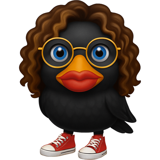 Cuervo mujer de rented, en la punta del pico pintado de rojo haciendo unos labios de persona humana y la otra parte de naranja, con pelo rizados castaño y reflejos rubios, gafas con el borde dorado en los ojos, los ojos azules, en los pies unos allstar rojos