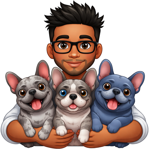 Black spiky hair guy with brown eyes black glasses holding three French bulldogs one skinny gray merle with tongue out brown eyes one gray merle with one blue eye one brown eye and one happy all blue chubby french bulldog with brown eyes