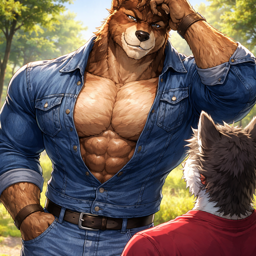 A Full BODY and FACE of a Muscular and Buff and a Gigantically Muscular with Chunky Gigantic Pecs AND biceps and a BIGGER head with the Perfect Waist. VERY Masculine and handsome ANIME ANIMATED Bara Furry Grizzly Bear with a VERY Good-looking and Mature Face and brown eyes with a wrestler type body. Wearing a BUTTONED UP Jean Jacket and Jeans at a park. With his American Crush. Makes eye contact with him and tussles the back off his hair and blushes