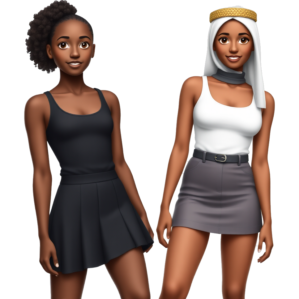 A beautiful black girl with a tanktop and miniskirt and a beautiful Arabian girl with a tanktop and a mini skirt on together