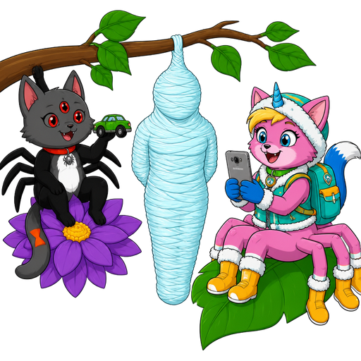 #B8FFFF sticky slik mummy-like-cocoon human entombed wrapped up and mummified fully covered in a #B8FFFF spider slik cocoon shaped like human with arms behind back with #B8FFFF spider slik wrappings completely covered with thick layers non-transparent #B8FFFF spider slik wrappings #B8FFFF hanging to branch next to Furuko the spider cat grey cat black arms and legs white belly fur six eyes red hourglass marking on tail red collar with spider charm holding a toy green car on purple flower next to happy pink cat anthro furry boy drider with yellow hair blue and white tail white wrists blue hands white socks yellow boots green collar blue unicorn horn based on unikitty wearing everest's hat and everest's clothing with everest's backpack holding Samsung phone on leaf