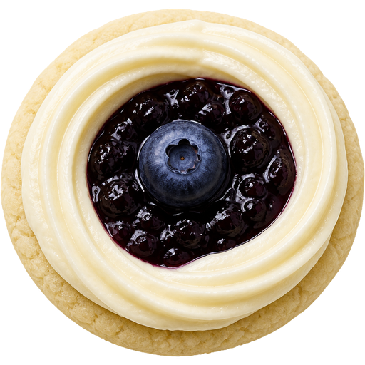 Sugar Cookie with Blackberry Jam and a Blueberry on Top with Thick Vanilla Frosting Surrounding the Outside