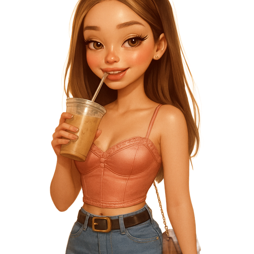 semi-realistic soft cartoon luxury glam, mini plush Bratz-doll aesthetic, cinematic glow, crisp clean detail, glossy glam skin. brown eyed skinny Petite girl, fair skin with soft freckles, wide face with tall forehead, honey-brown almond wide-set upturned eyes, fluttery lashes, shimmer highlight, plush lips, bottom heavy lip, sweet Belle-princess vibe, long straight brunette hair with visible blonde highlights, softly defined feminine body, soft hourglass shape with full round bust, warm rose satin cropped bustier with delicate lace trim, medium-wash straight-leg denim jeans slightly fitted through the thigh, gold-buckled black leather belt, tiny mocha crossbody bag with gold chain strap, straight middle part hair with soft face-framing tendrils tucked behind one ear, makeup: rose shimmer highlight on cheeks, cinnamon-pink glossy lips, mauve blush on apples of cheeks, nails almond-shaped nude gloss, holding an iced latte mid-sip, soft laugh in warm golden lighting. full body showing. Cozy romantic glow, soft warm lighting, pop-princess energy