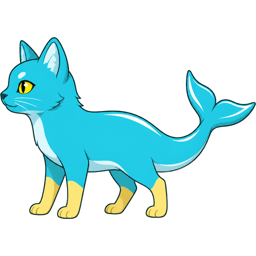 cyan dolphin tail with white highlights instead + cyan cat with white highlights and yellow eyes and legs =hybrid side view