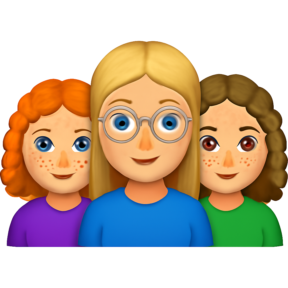 Three girls together the one in the middle has round glasses and blue eyes and blonde hair, the one on the left has a round face but big blue eyes and many freckles, her hair is red and curly. Then the girl on the right has a slim face also with freckles but her hair is curly and mousy brown. The girl in the middle is slightly more tanned than the others