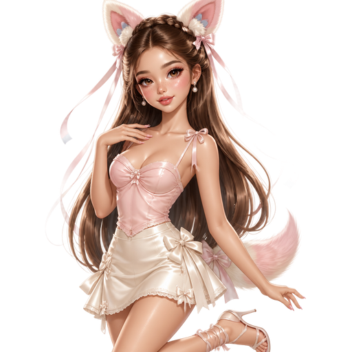 semi-realistic soft cartoon luxury glam, mini plush Bratz-doll aesthetic, cinematic glow, crisp clean detail, glossy glam skin. brown eyed Petite 5ft girl, fair skin with soft freckles, wide face with tall forehead, honey-brown almond wide-set upturned eyes, fluttery lashes, shimmer highlight, plush lips, bottom heavy lip, sweet Belle-princess vibe, long straight brunette hair with visible caramel highlights, wearing a ballet-pink draped corset cami with ivory ribbon straps, a soft cream satin mini skirt with bow details and delicate scalloped trim, pearl-drop earrings, strappy heels, fluffy pink-and-cream Sylveon ears, long pastel ribbon bows flowing from the ears, a soft fluffy tail, hair in glossy long waves with mini ribbon braids pulled into a half-up style, makeup with rosy shimmer lids, doll lashes, cool pink blush, pearly highlight, and a glossy petal-pink lip, posing with a sweet dreamy smile and soft girly energy