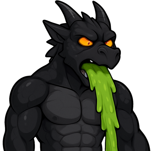 Anthropomorphic wyvern furry with black scales and a dark grey torso Bara/muscular body with fiery orange eyes. Vomit emotion