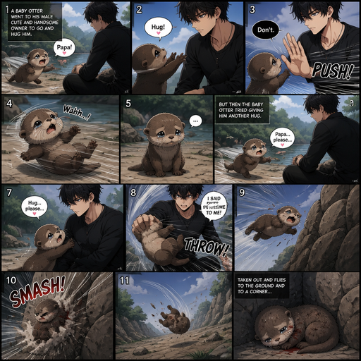A comic book Picture by picture and shows impact of a A baby otter went to his male Cute and Handsome owner to go and hug him but the otter was pushed away by his owner but then tried giving him another hug ,but the baby otter was thrown at a rock and taken out and flys to the ground and to a corner