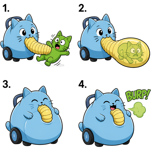 Light blue cat vacuum hybrid non-transparent Light yellow flexible hose non-transparent Light yellow flexible hose vacuums a green cat 1 non-transparent Light yellow flexible hose a non-transparent Light yellow flexible hose bulging non-transparent Light yellow flexible hose visibly bulging with the cat's form 2 Light blue cat vacuum hybrid non-transparent Light yellow flexible hose with full belly 3
4 Light blue cat vacuum hybrid non-transparent Light yellow flexible hose burps