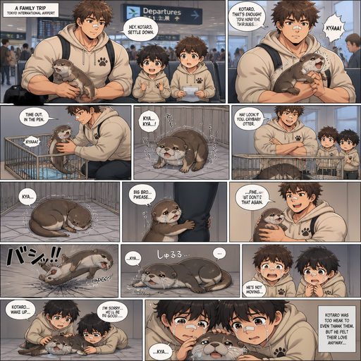 A DETAILED AND LIFELIKE ANIME Comic Book story view of a Bulky but Muscular ANIME Cute Bara Man With Peach toned skin Who looks Normal aind round facial Structure and Basic facial structure With Puffy and Big Pecs that are visible through the shirt and Biceps and Bandaid on his nose and Brown Fluffy and Strait hair. Wearing normal clothes and hoodie that matches his Family members so no one in the family got lost and With his pet Skinny and long otter and 2 little brothers. And they are at the airport and the otter squirms and in the Dad’d not big Brother’s lap and He disciplines the otter and it cries and Runs to one of the brothers for comfort, and it hugs the brother. And the big brother puts him in the pen and says time out. And the otter Trembles and Flys down to the floor in the pen and his head hurts and Cries. And the big brother laughs, and the otter Is sad and curls up in a ball and lays there. And the otter goes and Hugs his leg and he Picks up the otter, and then the flys at the floor and it crack and lays on his Side. And deflates and the otter and lays there and the brothers are to scared to help him. And then his brothers comfort him but he’s too weak to thank the