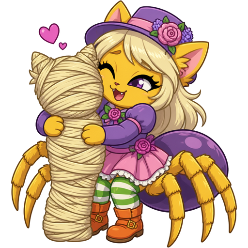 green boy cat furry getting quickly wrapped up and webbed by furry yellow cat anthro with purple eyes light blonde hair purple and pink florist hat and purple florist outfit green and white socks orange boots with buckles light pink skirt drider hybrid with its own light blonde hair webbing 2 light blonde hair mummy shaped like green boy cat furry completely covered with light blonde hair webbing then furry yellow cat anthro with purple eyes light blonde hair purple and pink florist hat and purple florist outfit green and white socks orange boots with buckles light pink skirt drider hybrid hugs the light blonde hair mummy shaped like green boy cat furry completely covered with light blonde hair webbing cartoon version