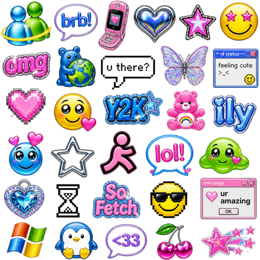 Design a viral Y2K sticker pack inspired by MSN Messenger, MySpace, early internet culture, and 2000s pop aesthetics. Include adorable smiley emojis, chrome hearts, glitter stars, holographic butterflies, pixel icons, cute mascots, retro chat symbols, sparkles, and expressive reactions. Ultra-glossy, shiny, colorful, kawaii-cyber style with neon accents and transparent backgrounds. Highly detailed, playful, nostalgic, trendy, and optimized for messaging apps. Every sticker should feel fun, iconic, and instantly recognizable as Y2K.
