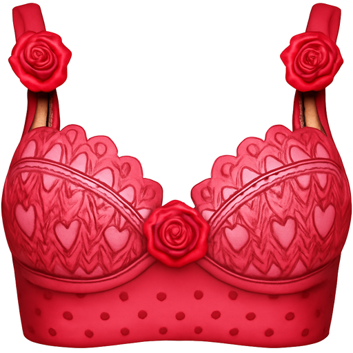 Red lace Victoria’s Secret bra with red and pink lace pattern with hearts. There is red silk underneath that. There are roses on the straps and in the center and polka dots on the bottom