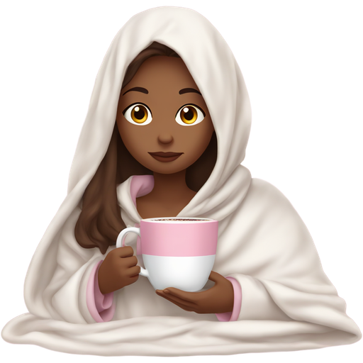 A girl with straight brown hair under a white blanket with tanish skin sipping a cup of hot chocolate with a baby pink cup