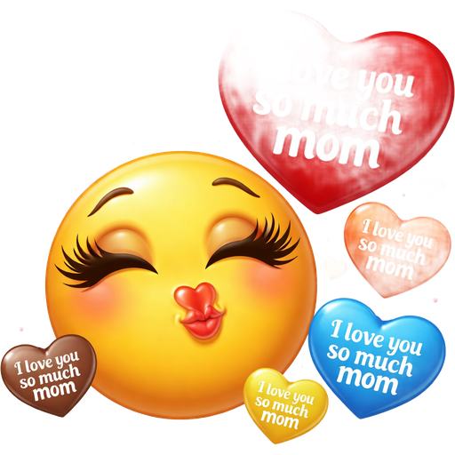 smiley with long eyelashes, who makes a kiss mouth, with hearts in purple, pink, green, blue, yellow, orange, brown and red colors around, and in every heart I need this text “I love you so much mom” and make the red heart biggest with the text