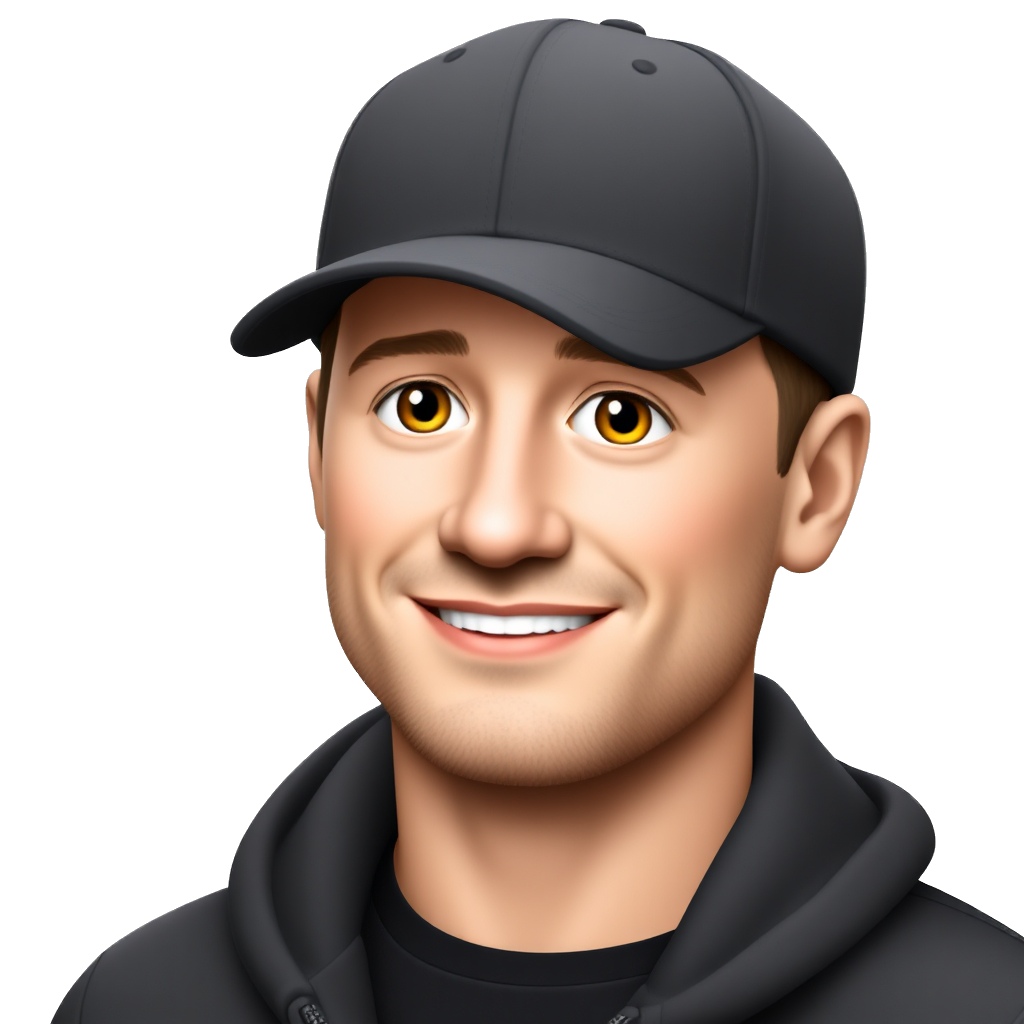 Handsome man, pale skinned, light brown eyes, wearing black clothes and a black baseball cap, smiling emoji