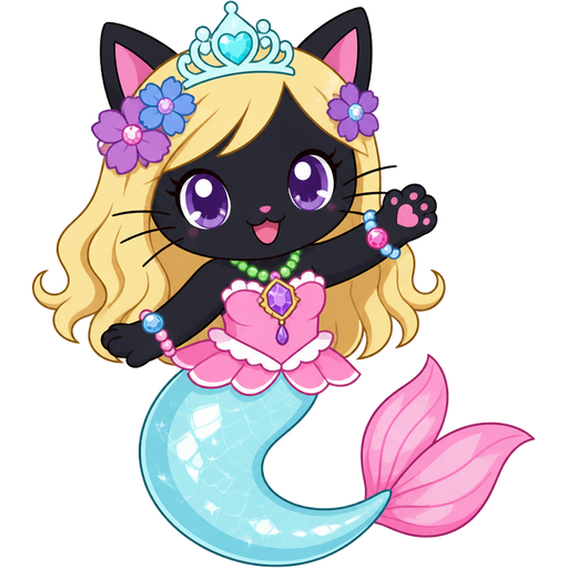 black cat with light yellow hair purple and blue flowers light cyan crown purple and green necklace pink and blue bracelets pink dress attached to long light cyan mermaid tail with white highlights with pink tail fins with white highlights ( based on Garnet (Jewelpet)