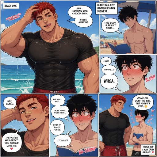 A Comic book story of a Bulky and muscular ANIME Cute Bara Man Who looks Normal and American with a round facial Structure and Basic facial structure With Big Pecs and Biceps and Bandaid on his nose. Wearing a T-Shirt with Red Hair and named Thomas with a huge crush on Blake. With Blake a Skinny and Tall Kid. At the Beach. Thomas Walks out of the water and tussling his hair and Licking his Teeth and Making Blake Blush.