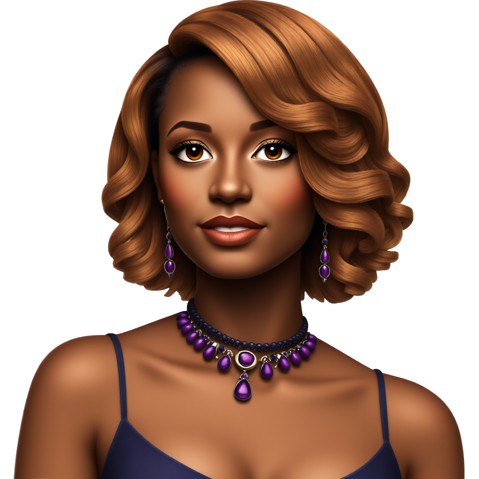 Black woman with shoulder length curly hairstyle. Auburn colored hair. wearing beautiful purple jewelry.