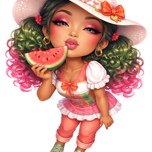 Watermelon Kiss with a Warm Sand Skin Tone and a Pointy Natural Lip Shape with a Mature Adult Toned Build and a Sparkling Rose EyeLash Style Look with a Sugar Plum Lipstick Finish adding along A light Ombré Pink Eyeshadow With a Steep Angled High Arched Eyebrow with a Sort of Upturned Eye Shape and a Square Face Shape Wearing a White Floppy Sunhat with the Ribbon in the middle being a Pattern of V-Shapes on White, Green, and Pink with a Orange Thin Bow on the Left Side With Green Tight Curly Hair in Pink Highlights in Two Ponytails and the Scrunchies are Red Wearing a Short Sleeve Dress Shirt With White Ruffles at the bottom and the V-Neck in Pink with the top Half Being White and the Middle is Pink with Green Stripes With a Orange-Pink Bow at the top Also Wearing Orange-Pink Denim Pants With the Bottom Rolled up and Green Sneakers and Luxury Glossy