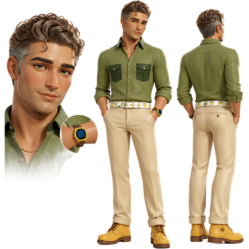 Lemon Drop with a Fair-Light Neutral Olive Beige Skin Tone and a Uni-Lip Shape with a Steep Arched Eyebrow and a Tapered Eye Shape with a Round Facial Structure and a Dark Blonde Curly Slick Back Hairstyle and Grey Hair on the Sides Wearing a Green Tucked Collar Long Sleeved Shirt with Dark Green Pockets and Rolled up Sleeves and Beige Pants he also has a White Belt with a Yellow Lemon Printed on it and Yellow Work Boots with Brown Laces and the bottom of them as well Wearing a Yellow Watch with the Screen Being Blue and a Brown Band on his Left Wrist With Dark Pale Green Eyes and a Luminous Glazed Complexion with a 3D Naturalistic Animation and a Mature Adult Balanced Structure with a Luxury Glossy and Refined Pristine Set Up with a Theatrical Appearance