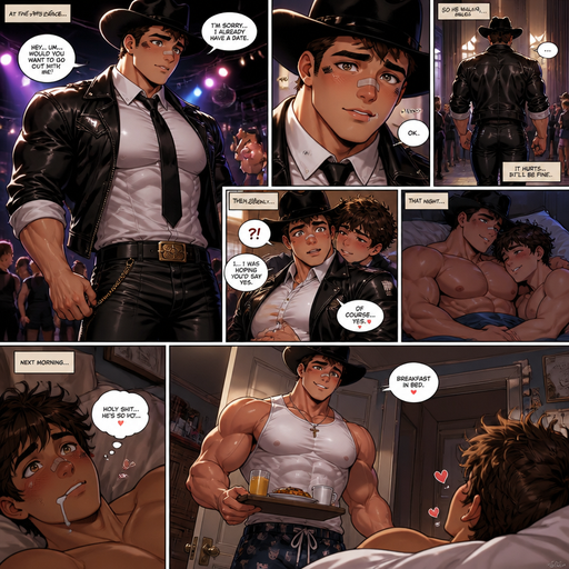 A Very Detailed ANIME COMIC BOOK CHARACTER That is Beefy and Bulky and Huge Beefy Pecs and Biceps and above average High schooler but Bulky and ANIME Cute Bara Big Bulky Hunk Who looks Normal 20 year old American with a round facial Structure and ROUND and BASIC facial structure and No Facial Hair With Puffy and Big Pecs that are visible through the shirt and Biceps and Bandaid on his nose and slim and thin waist tall with a Good Frame that makes him look Big. Wearing a Black leather Jacket that’s sleeves are rolled up and Leather Pants and a White button shirt with a Black Tie and Cowboy hat. Licking his Teeth and Making an Masculine and Cute face. That is at a dance about to ask his boy crush out and finds out he already has a date and says ok. And walks away sad and then gets hugged by his crush around the waist and says of course yes and they have a sleep over and then the next morning his crush wakes up and he comes in his room and says Breakfast in bed and he looks so Cut and Irresistible wearing A Tight around the waist tank top and Pajama pants looking down at his crush that is in bed and his crush starts drooling both