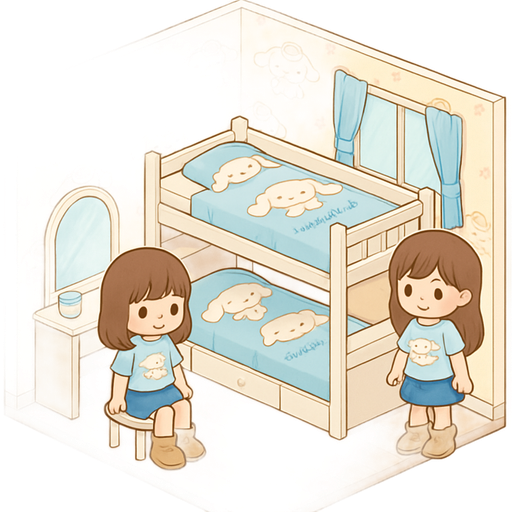 Cinnamon roll the dog from hello Kitty wallpaper cinnamon roll from hello Kitty vanity cinnamon roll from hello Kitty bunk bed with desk base under cinnamon roll from hello Kitty T-shirt on a girl with armpit lengths brown hair curtain bangs with a girl same height sweep to the side bangsbrown hair both have hello Kitty, UGGs, and both cinnamon roll T-shirt
