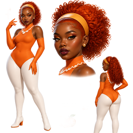 Tangerine Smash with a Deep-Dark Neutral Espresso Skin Tone and a Heavy Upper Lip Shape with a Voluminous Wispy Eyelash Set Up and a Dark Plum Matte Lipstick with a Rose Gold Eyeshadow and a Curved Round Eyebrow Shape with a Close-Set Eye Shape and a Pear Face Shape with an Orange Afro-Textured Slicked Back Hairstyle Including Voluminous Soft Brushed Curls In the Back with Bouncy Curls Wearing a Golden Yellow Headband With Dark Hazel Eyes Wearing an Orange Fitted Sleeveless Turtleneck One-Piece Outfit With White Pointy Scalloped Printed Patterned Edges at the Collar of her Neck-Line Wearing Long Orange Gloves With Scalloped Edges Wearing Long White Legging Pants and Wearing White Fitted Slipper Flat-Heeled Boots with Orange at the bottom of them and a Luminous Glazed Complexion with a 3D Naturalistic Animation and Mature Adult Curvy Toned Build with a Luxury Glossy and a Refined Pristine Set Up with a Theatrical Appearance
