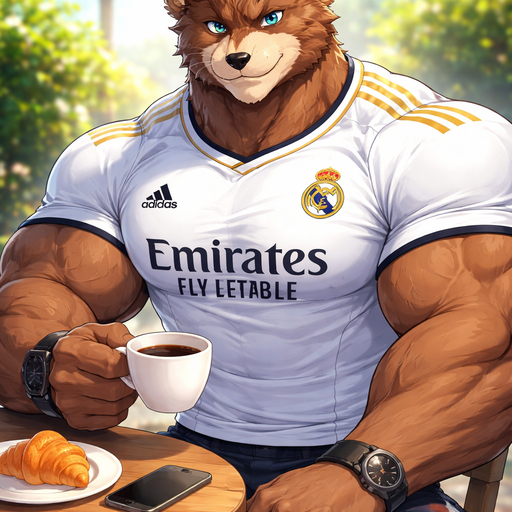 A Anime Full BODY and FACE of a Muscular and Buff with Gigantic Pecs AND biceps. VERY Masculine and handsome Bara Furry Bear with a Very Good-looking and Dreamy Face and Blue eyes with a wrestler type body. Dressed in a Real Madrid CF Jersey. Sitting at a Table Drinking Coffee