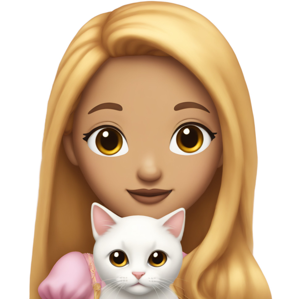 A beautiful princess with straight black long hair ,she has black eyes and snow- white skin,pinky lips. She's holding a cute ginger cat
