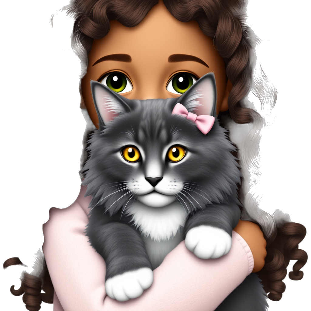 Dark Brown long loose curly hair light brown skin dark green eyes young, holding a long haired dark grey tabby cat with white muzzle chest and paws and yellow-green eyes The cat has a light pink bow on its ear, the girl wears a light pank sweater