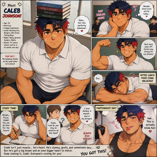 A Full page Anime Comic book story about of a masculine and Bulky ANIME Cute Bara Man American 20 year old with a ROUND and BASIC facial structure and TENAGE BARA CUTE MALE not to detailed With bigger than average Pecs that are visible through the shirt and Biceps and a big Bandaid on his nose and Left Cheek and Right Eye brow. Wearing a no piercings Baggy White Polo shirt and Shorts and Navy Blue Hair and Bright Red Hair Tips and Strait with brown eyes and black eyebrows. Sitting down with his head still and his eyes looking up at you with a Hot, Cute and Dreamy smile And Balances Books on his head and doing other cute and Hot stuff in classrooms and Licking his lips at a Photoshoot.