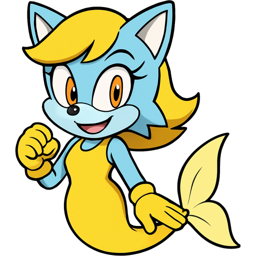light blue vixen smiling with yellow hair orange eyes yellow gloves yellow dress attached to yellow mermaid tail with light yellow tail fins sonic x version