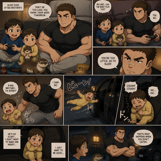 A DETAILED AND LIFELIKE ANIME Comic Book story view of a Bulky but Muscular ANIME Cute Bara Man With Peach toned skin Who looks Normal aind round facial Structure and Basic facial structure With Puffy and Big Pecs that are visible through the shirt and Biceps and Bandaid on his nose and Brown short hair that makes them look tough. Wearing normal With his pet Grown and healthy realistic otter and 2 little brothers that are in different ages but young. The baby brother is scared of big brother and never argues and does whatever he says Is having a sleep over And he doesn‘t allow the Baby brother having fun talking and the oldest doesn’t love the youngest and so the oldest picks the little baby brother up by the arm and the baby brother fly’s into to the car and reaches the other car door and crys but is to weak and the baby brother sits there coughing. And The baby brother is scared and avoids the bigger brother