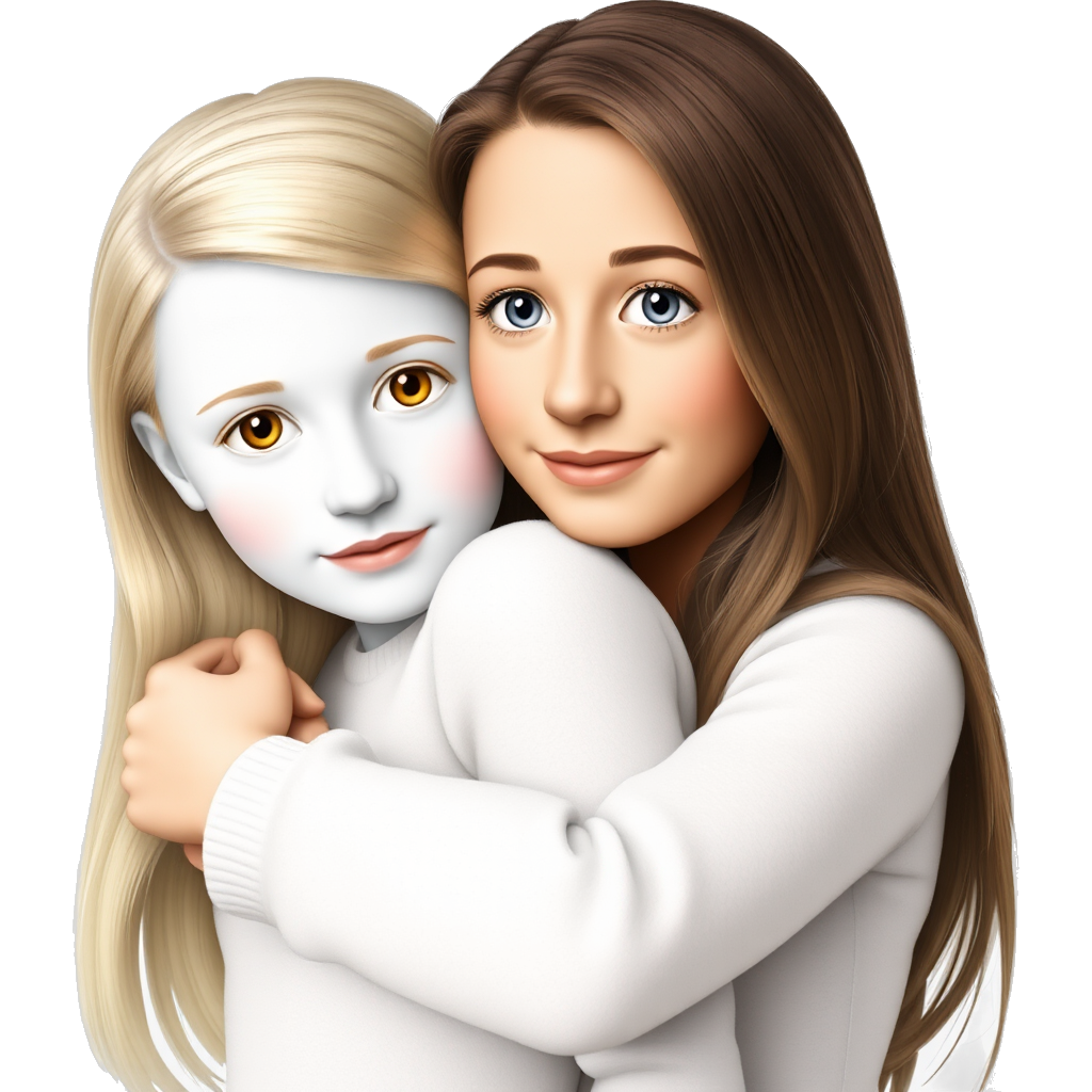make a blonde girl with hazel eyes and white skin hugging A brunette girl with blue eyes and white skin