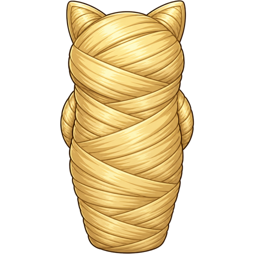 wrapped up and mummified fully covered in a blonde hair cocoon shaped like cat with arms behind back with blonde completely covered with thick layers non-transparent blonde hair blonde hair
