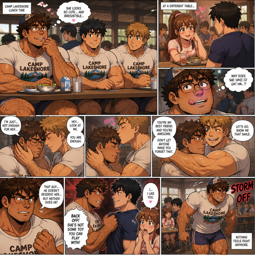 A ANIME Comic Book STORY of a Bulky but Muscular ANIME Cute Bara Man With Peach toned skin Who looks Normal and a huge and Masculine round facial Structure and Basic facial structure With Puffy and Big Pecs that are visible through the shirt and Biceps and Bandaid on his nose and Brown Spiky hair and His Hair Curls At the tip of strands. Wearing a camp T-shirt but no gear and short shorts with A Hat with glasses and has a Hairy body and looks very manly and Attractive and Hot. He‘s At a Lunch table with his friends. And looking at her looking cute and irresistible while he looks up and he licks his teeth and at his camp crush while at a different table with his friend and his best friend and him they look cute and Hot amazing but look the same but different hair color and the friend doesn‘t have facial hair. But he’s sad amd the friend pressed his forhead against his and encourages him and kisses his forhead. And tells his friend tells his to look at him hugs him. and his friend only is mad at the girl. And he Gets made at the guy she was flirting with and she likes him now but he doesn’t feel the same way and is mad her and storms off