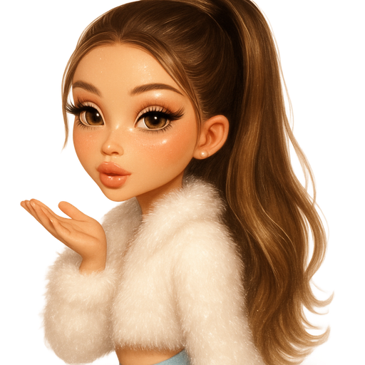 luxury glossy bratz-anime romantic aesthetic, warm cinematic glow, crisp clean detail, glossy glam skin. petite girl, warm soft-autumn tone, fair skin, honey-brown almond eyes, soft freckles, warm toasty glam makeup, glossy nude lips, flutter lashes, sweet Belle-princess vibe, long brunette honey balayage hair with visible light honey blonde highlights, Frost-white fur crop with pastel-blue pants, slick ponytail, icy highlight, glossy lips, blowing snowflakes, winter pop-princess energy, shimmer highlight, sparkly glow
