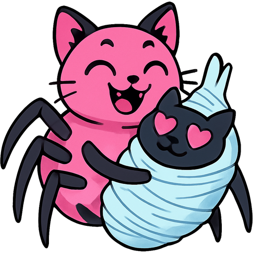 very huge pink and black cat spider hybrid happy hugging #B8FFFF slikworm cocooned pod black cat happy with pink heart eyes enveloped cocooned covered with #B8FFFF huge coating of #B8FFFF slik and huge #B8FFFF slik wrappings and huge #B8FFFF webbing wrappings #B8FFFF