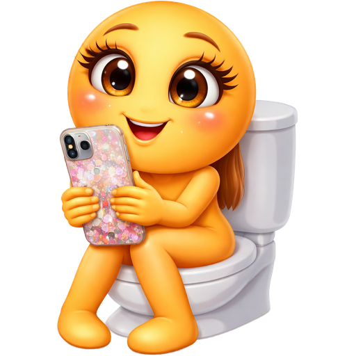 Going to the bathroom emoji sitiing on toilet. Add lashes to emoji eyes. Add neck, two arms, two hands, two legs. Emoji holding iphone 16 pro max with flower sparkling case. Add white bubble write these words inside, Girls really doing this! ❤︎