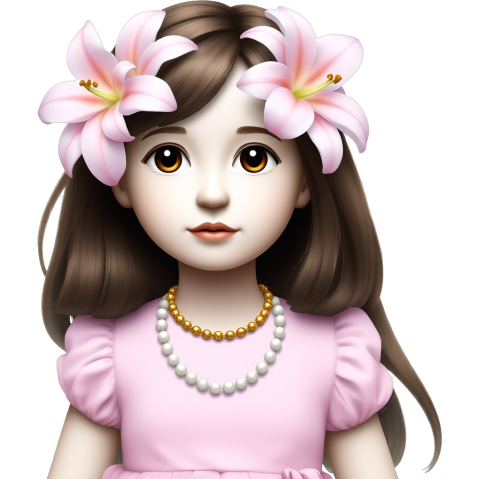 So white girl , with black eyes ,and brunette hair and medium hair, pink lilies in her hair close her ear, and wearing pink baby doll also Gold necklace Small and scattered pieces of white pearls