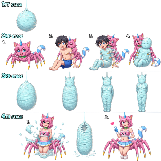 life cycle of anthro femboy pink cat drider with blue and white tail white wrists blue hands white ankles yellow tips on spider legs green collar blue unicorn horn wearing femboy clothing based on unikitty metamorphosis transformation 1st stage #B8FFFF spider eggsac 2nd stage pink spider cat hybrid next to 1 pink spider cat hybrid latching on a kid in blue shorts and 2 wrapping around kid in blue shorts whole body and head with #B8FFFF silk webbing 3rd stage cocoon wrapped up and mummified fully covered in a #B8FFFF spider slik cocoon shaped like anthro femboy cat anthro behind back with #B8FFFF spider slik wrappings completely covered with thick layers non-transparent #B8FFFF spider slik wrappings hanging on #B8FFFF slik wrappings 4th stage adult 1 anthro femboy pink cat drider with blue and white tail white wrists blue hands white ankles yellow tips on spider legs green collar blue unicorn horn wearing femboy clothing based on unikitty emerges from its wrapped up and mummified fully covered in a #B8FFFF spider slik cocoon shaped like anthro femboy cat anthro arms behind back with #B8FFFF spider slik wrappings completely covered with thick layers non-transparent #B8FFFF spider slik wrappings hanging on #B8FFFF slik wrappings 2 anthro femboy pink cat drider with blue and white tail white wrists blue hands white ankles yellow tips on spider legs green collar blue unicorn horn wearing femboy clothing based on unikitty with a heart briefly appears