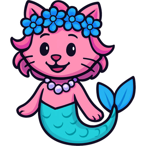 cartoon Male pink anthro cat with pink hair blue flower crown with light purple shell necklace long cyan and white mermaid tail with blue fins emoji, artistic style