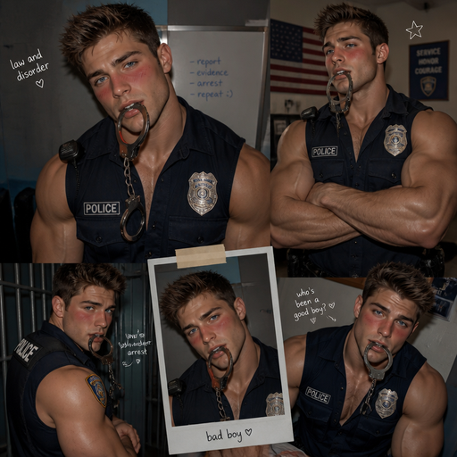Of a Hunky and Muscular, Handsome and Masculine Policeman with Brown Spiked hair and Blue eyes and with Chunky Arms and Pecs and Very Stocky Body. Wearing A Sleeveless Police Uniform. Blushing Hard under his eyes. Holding hand cuffs in his mouth