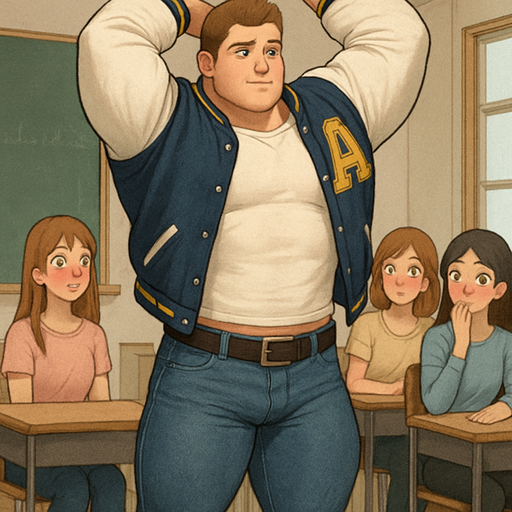 Full body view of a buff and huge white guy with a short white shirt, stretching in jeans and A letterman Jacket over white shirt with brown hair and blue eyes and making girls Blush in school classrooms