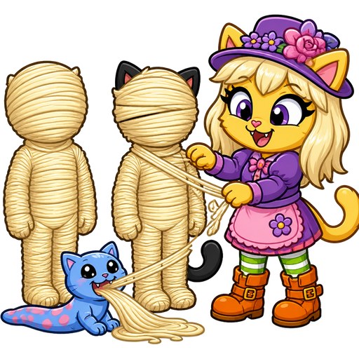 black boy cat furry getting wrapped up and light blonde hair mummified by furry yellow cat anthro with purple eyes light blonde hair purple and pink florist hat and purple florist outfit green and white socks orange boots with buckles light pink skirt with pet blue cat slikworm hybrid that spews it's own light blonde hair webbing 2 light blonde hair mummy shaped like black boy cat furry completely covered with light blonde hair mummy then furry yellow cat anthro with purple eyes light blonde hair purple and pink florist hat and purple florist outfit green and white socks orange boots with buckles light pink skirt next to the light blonde hair mummified black boy cat furry happy tree friends cartoon comic version