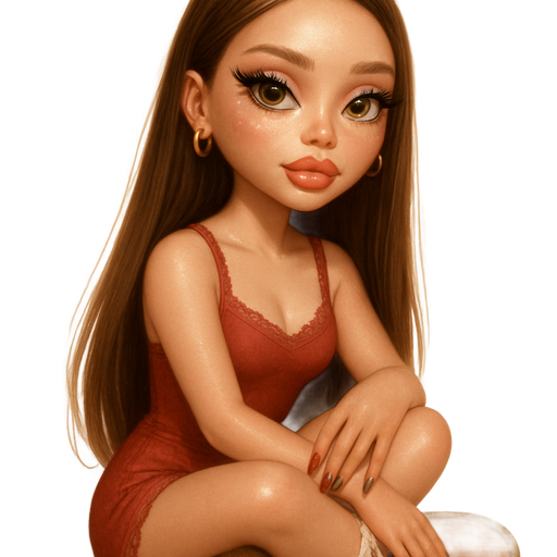 luxury glossy bratz doll romantic aesthetic, cinematic glow, crisp clean detail, glossy glam skin. brown eyed Petite girl, fair skin with soft freckles, long wide face with tall forehead, honey-golden almond wide-set upturned eyes, fluttery lashes, shimmer highlight, plush lips, bottom heavy lip, sweet Belle-princess vibe, long straight brunette hair with visible light blonde highlights, softly defined feminine body, softly defined body shape with full round bust, wearing a SKIMS lace trim brick red romper with scoop neckline, ugg ultra mini boots with white lace socks peeking through, brick red & brown ombre almond shaped nails, small gold thick hoop earrings, toasty makeup, hair long straight & sleek low pony over shoulder, sitting. full body showing. Cozy romantic glow, soft warm lighting, pop-princess energy, shimmer highlight, sparkly glow