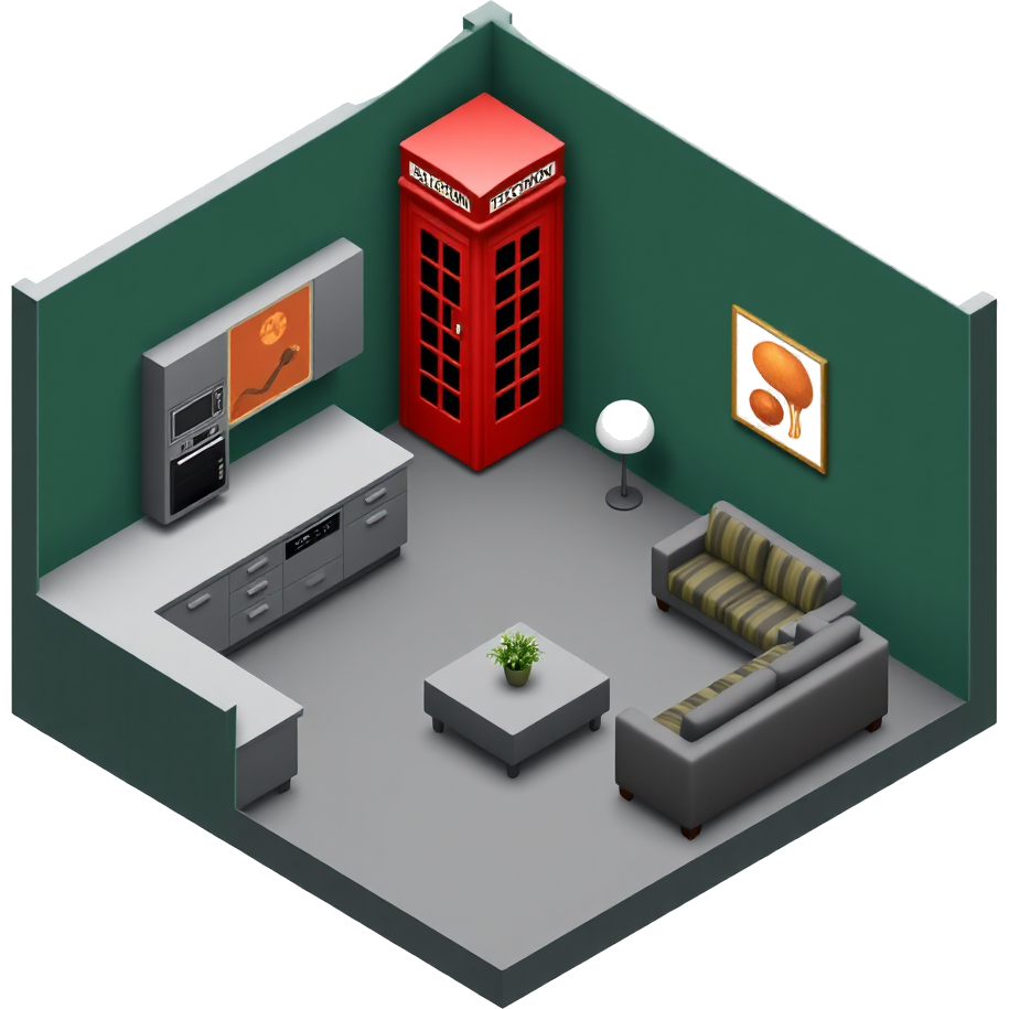 A room with gray kitchen furniture and tiles in between them, also in the row of furniture are an oven and a refrigerator. The walls are white. On one wall, there is a painting with red telephone booths. In the room, there is a dark gray sofa with an olive stripe in the middle.