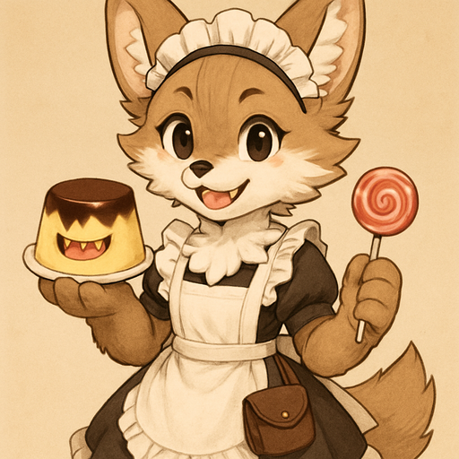 A furry fandom holds pudding that have a sharp teeth 1 and furry fandom that wears maid costume hat pelt and pelt bag and poo bag and fursuit holds pudding at left hand and lollipop at right hand