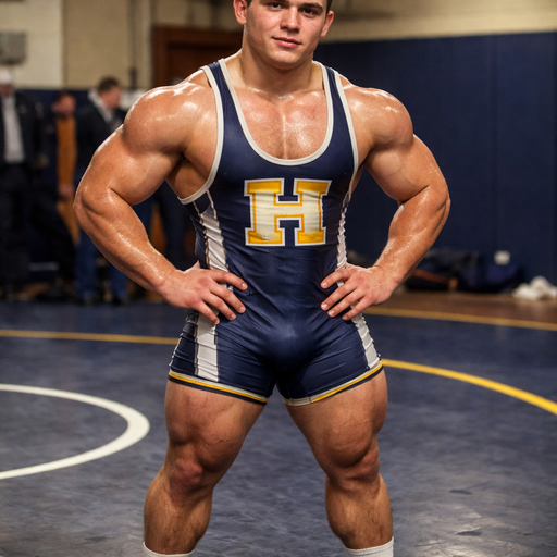 A Real life Full Body Image of a Muscular, Chunky and Stocky and Brown haired and Brown Eyed High Schooler with Wrestler’s Body and a Tiny Waist. in a Sleeveless School Uniform. Drenched in Sweat.